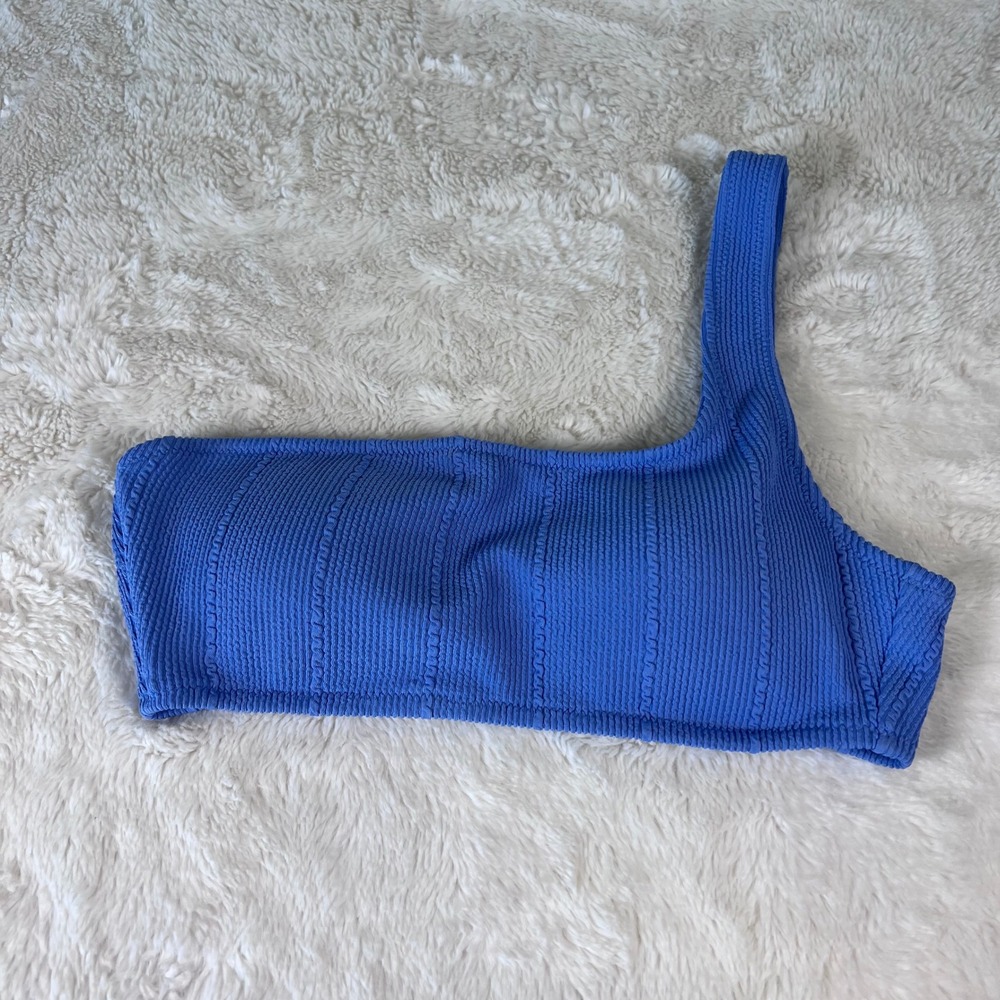 One Shoulder Textured Smocked Bikini Top Cornflower Blue Asymmetrical Swimwear